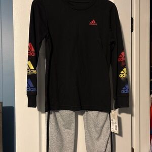 Adidas Kids Black Long Sleeve  Jogging Set with Multicolor Sleeve Accents